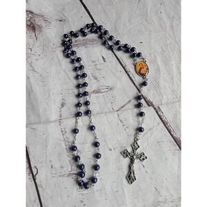 Vintage Blue Glass Silver Tone Rosary Infant Christ St Anthony prayer Beads